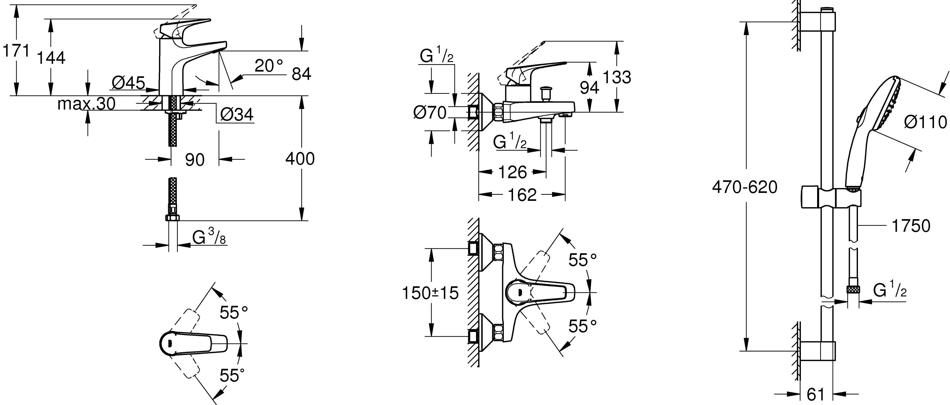 Grohe BauFlow UA121624S1 Габаритные размеры