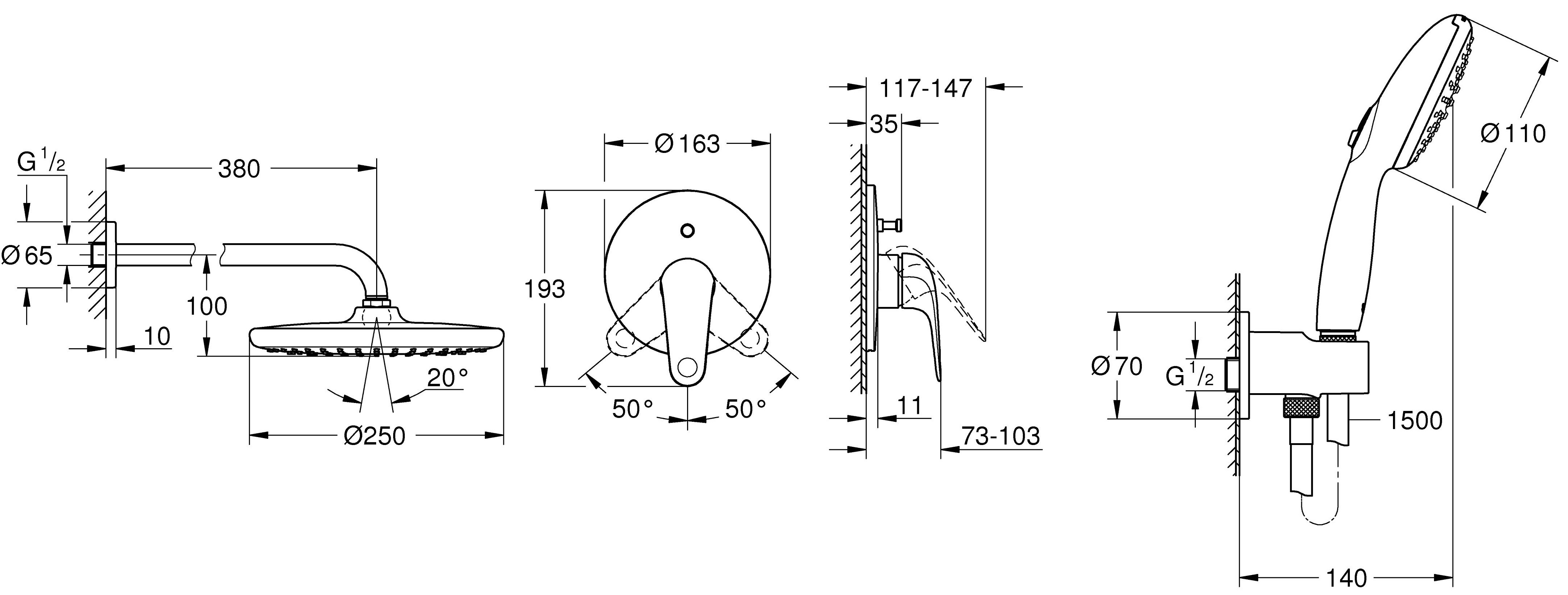 Grohe Euroeco с Tempesta 250 (UA2939200L) Габаритные размеры