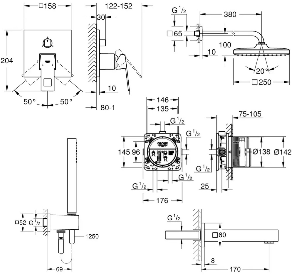 Grohe Eurocube Tempesta Cube 250 UA26417SC2 Габаритні розміри