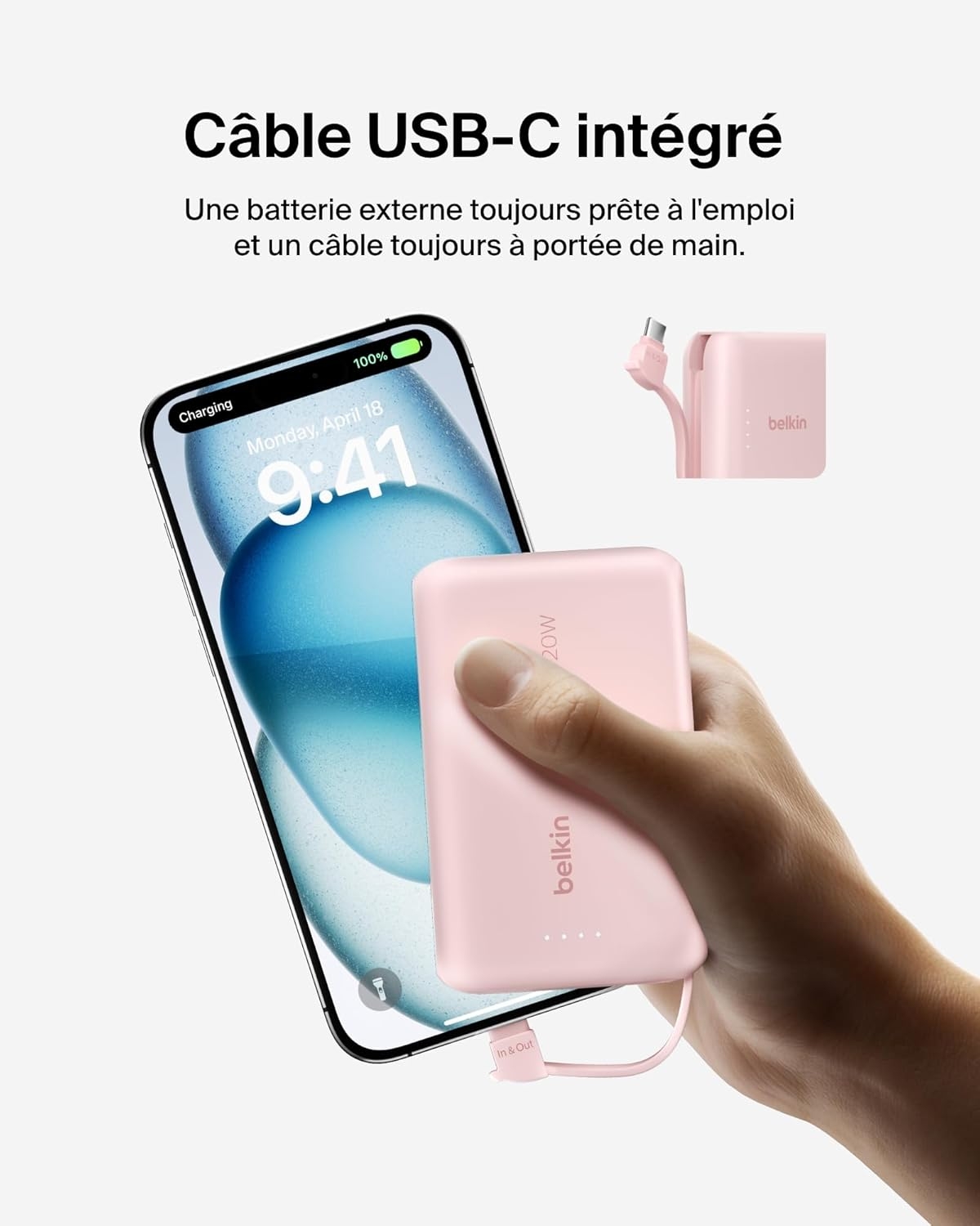 Повербанк Belkin 10000mAh, 20W, USB-C, Pink (BPB021HQPK) цена 1399 грн - фотография 2