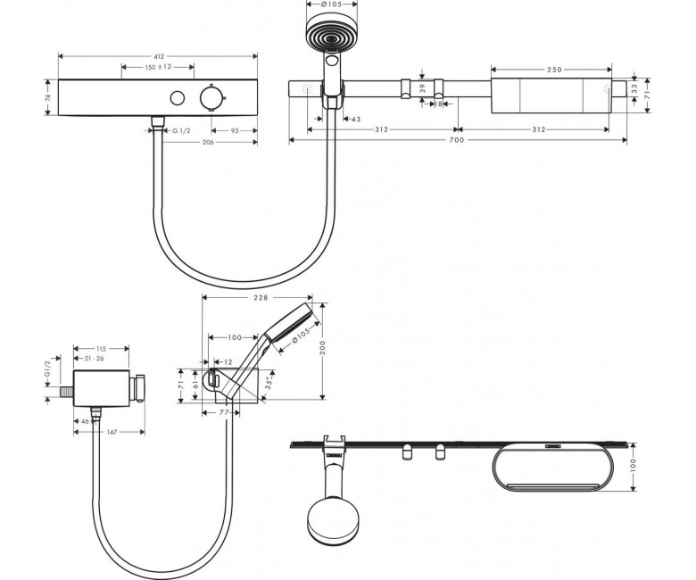 Hansgrohe Wallstoris Matt White 24250700 Габаритні розміри