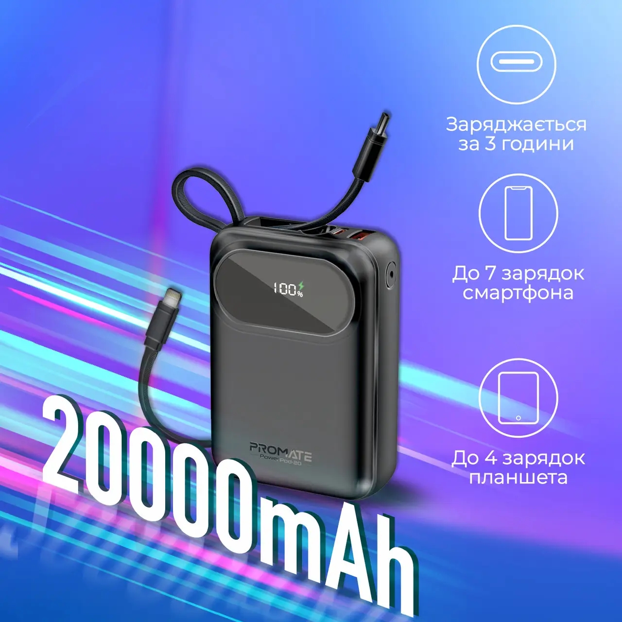 Повербанк Promate PowerPod-20 20000mAh 35W Black (powerpod-20.black) цена 1799 грн - фотография 2