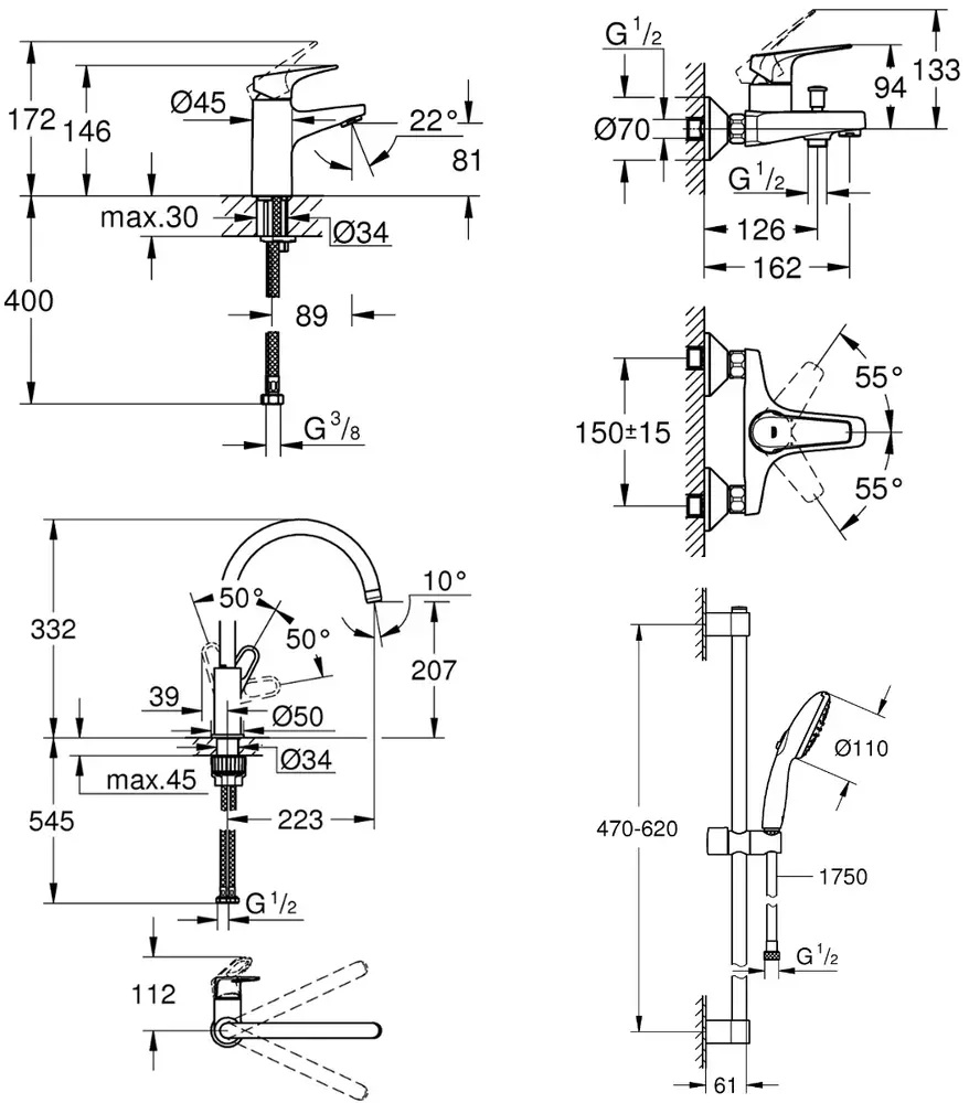 Grohe BauFlow 4 в 1 (UA121640K1) Габаритні розміри