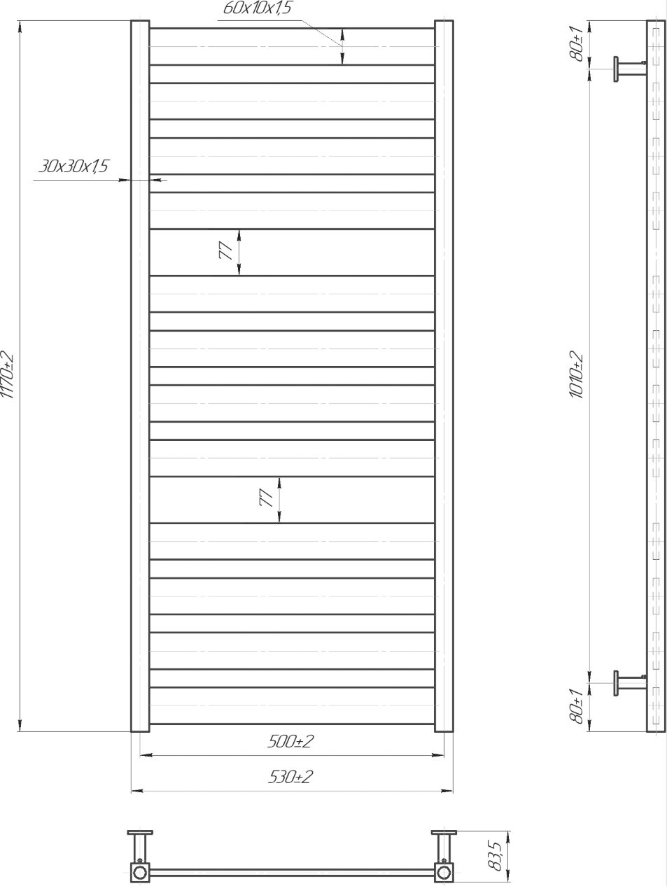 Mario INOX Санті 1170x530/500 (1.7.044606.P) Габаритні розміри