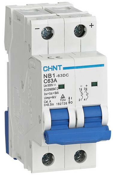 Автоматичний вимикач Chint NB1-63DC 2P, C63A, DC500V, 6kA (182726)