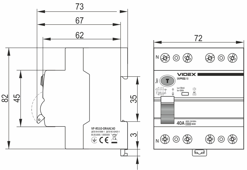 Videx Resist AC 4P 30mA 10kA 40A (VF-RS10-DR4AC40) Габаритные размеры