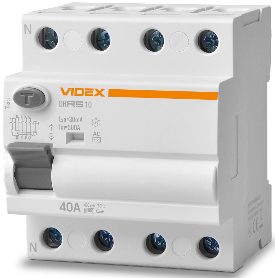 Диференціальне реле (ПЗВ) Videx Resist AC 4P 30mA 10kA 40A (VF-RS10-DR4AC40)