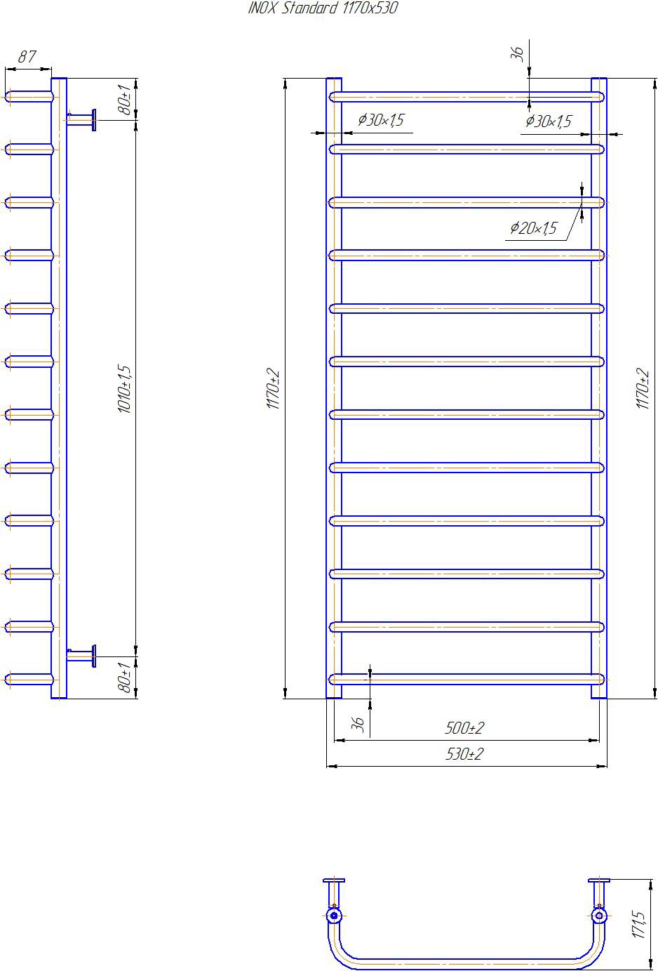 Mario INOX Стандарт 970x530/500 (1.8.044611.P) Габаритные размеры