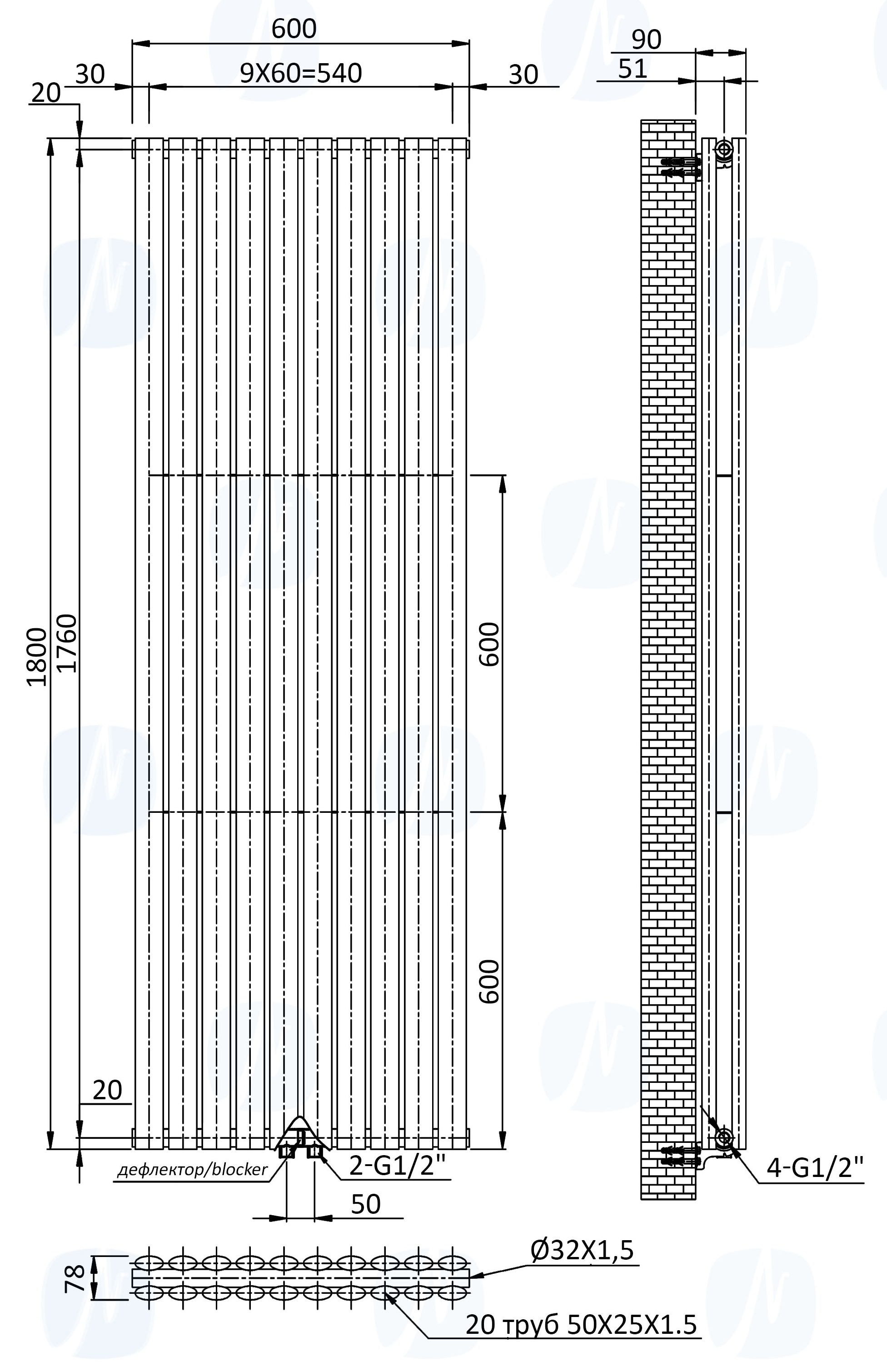 Navin Ellipse Double 600x1800-10, білий (02-145133-6018) Габаритні розміри