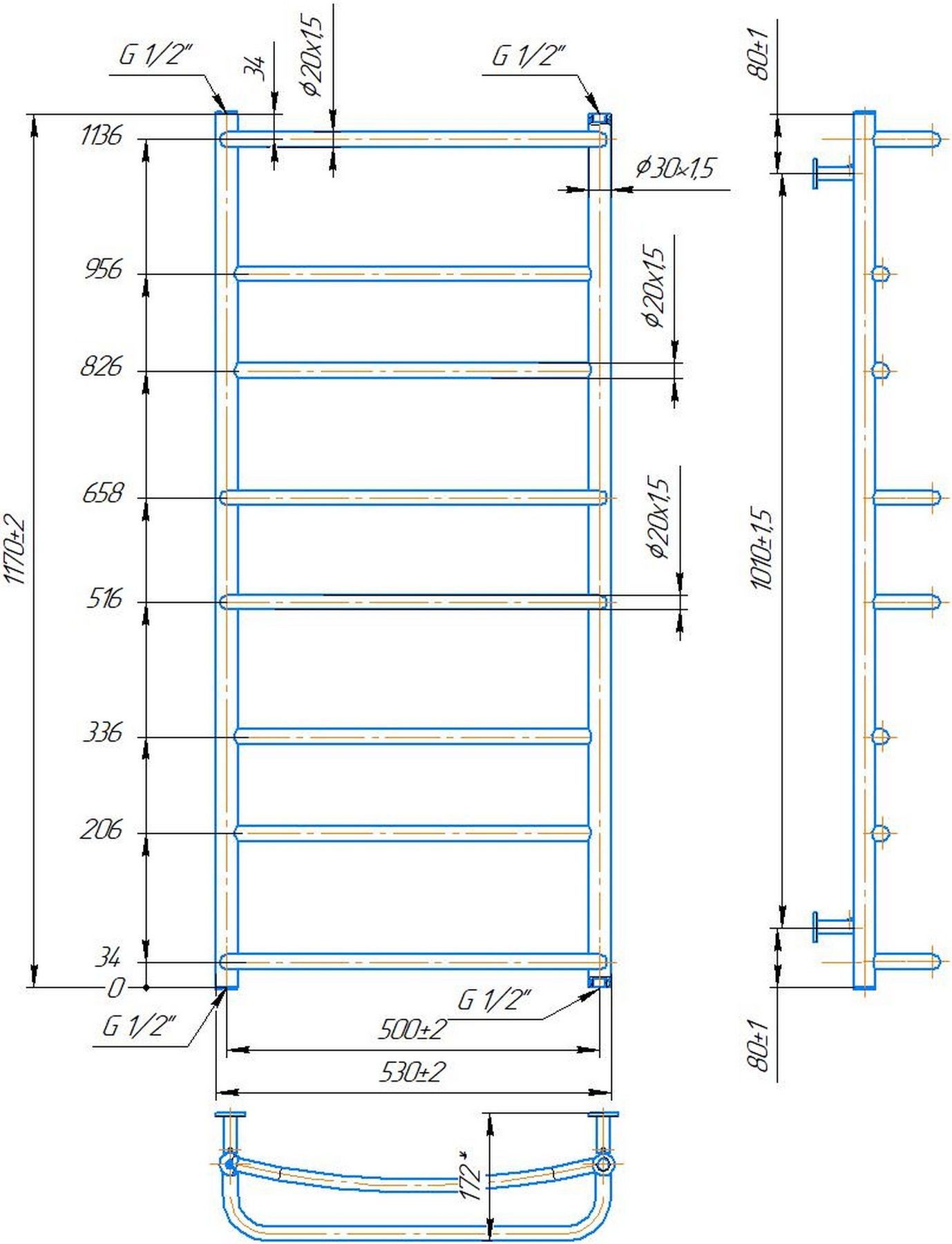 Mario INOX Люкс HP 1170x530/500 (1.8.044584.P) Габаритные размеры