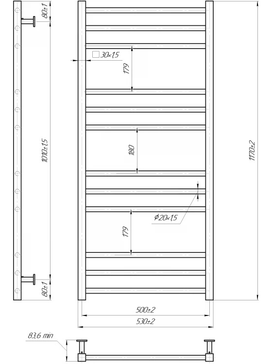 Mario INOX Премиум Классик 1170x540/500 черный матовый (1.072.048822.BM) Габаритные размеры