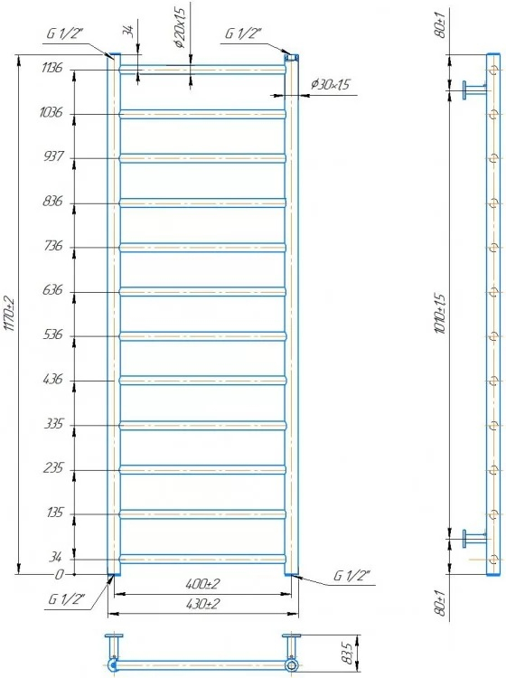 Mario INOX Флет 1170x430/400 черный матовый (1.075.048781.BM) Габаритные размеры