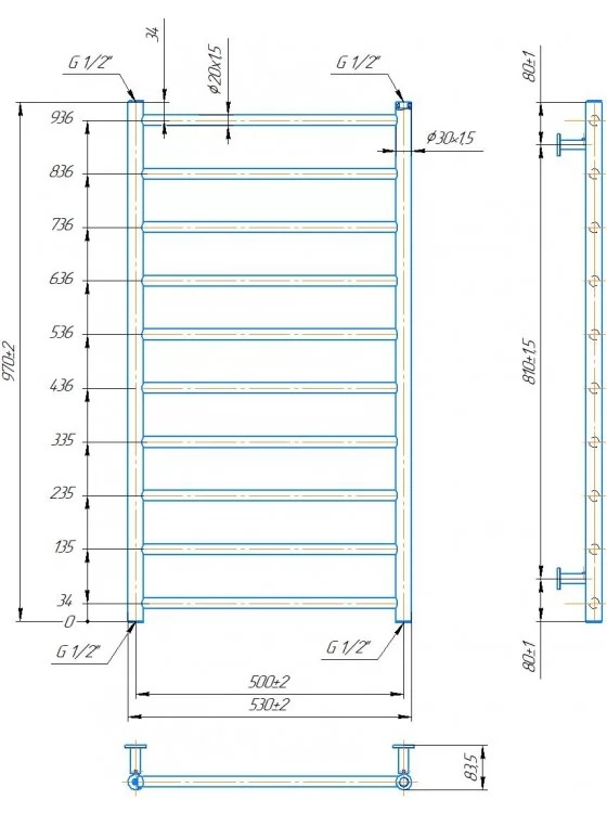 Mario INOX Флет 970x530/500 сатин (1.075.048664.S) Габаритные размеры