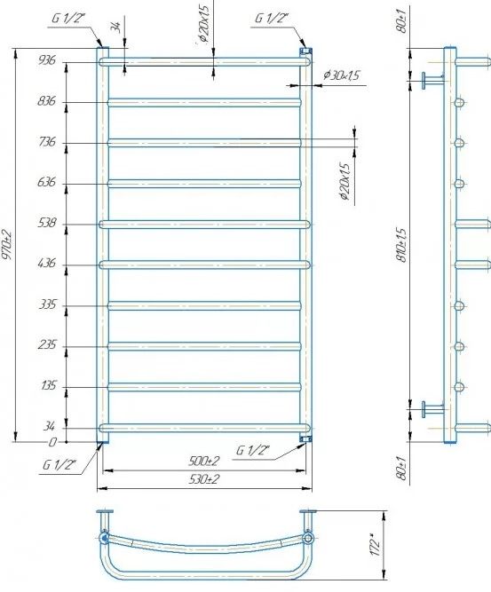 Mario INOX Люкс 970x530/500 черный матовый (1.075.048795.BM) Габаритные размеры