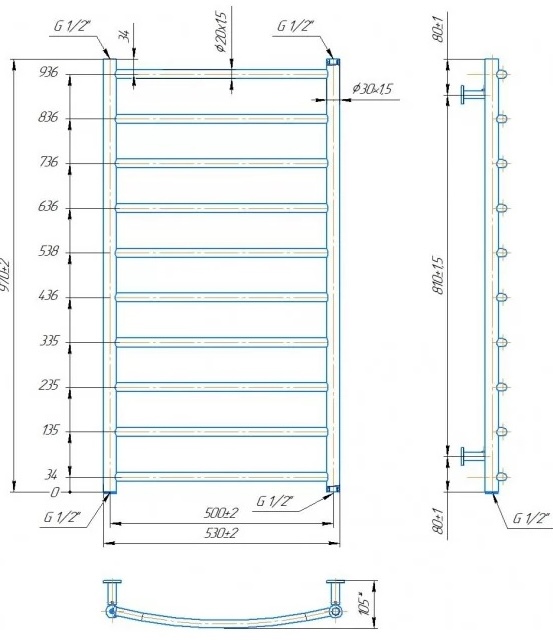Mario INOX Классик 970x530/500 черный матовый (1.4.048771.BM) Габаритные размеры