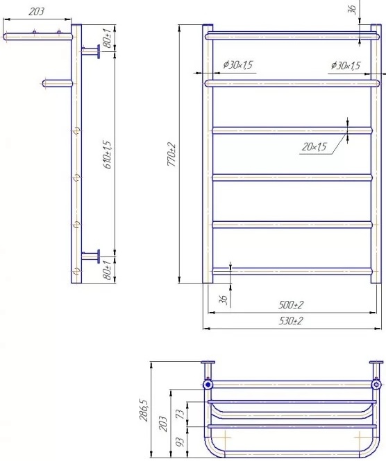 Mario INOX Отель 770x530/500 черный матовый (1.4.048747.BM) Габаритные размеры