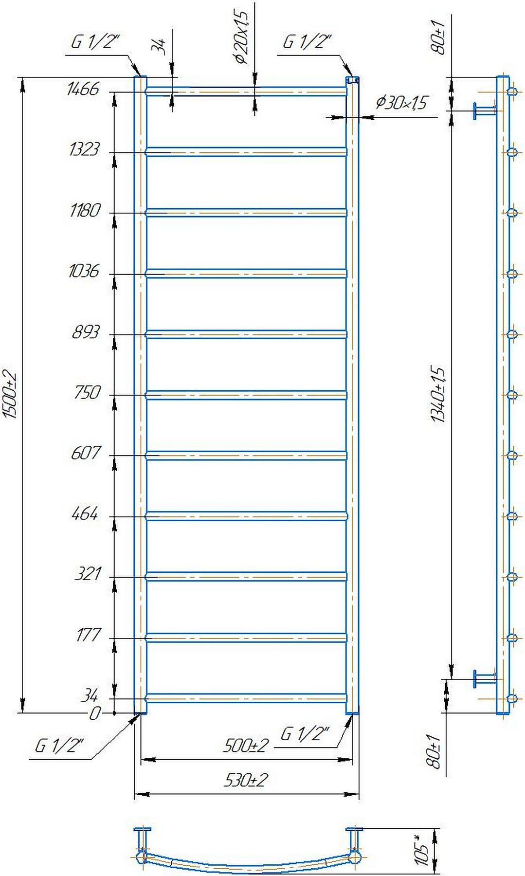 Mario INOX Классик HP 1500x530/500 (1.8.044573.P) Габаритные размеры