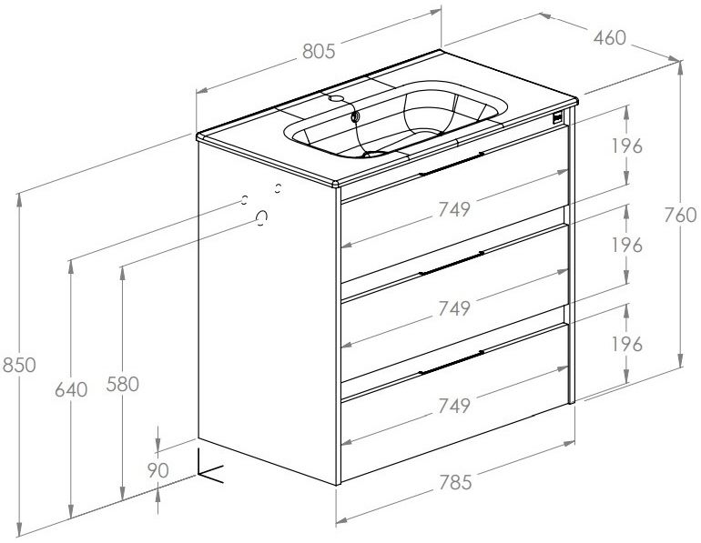 Roca Alpine Unik 800 Black matt (A852017532) Габаритные размеры