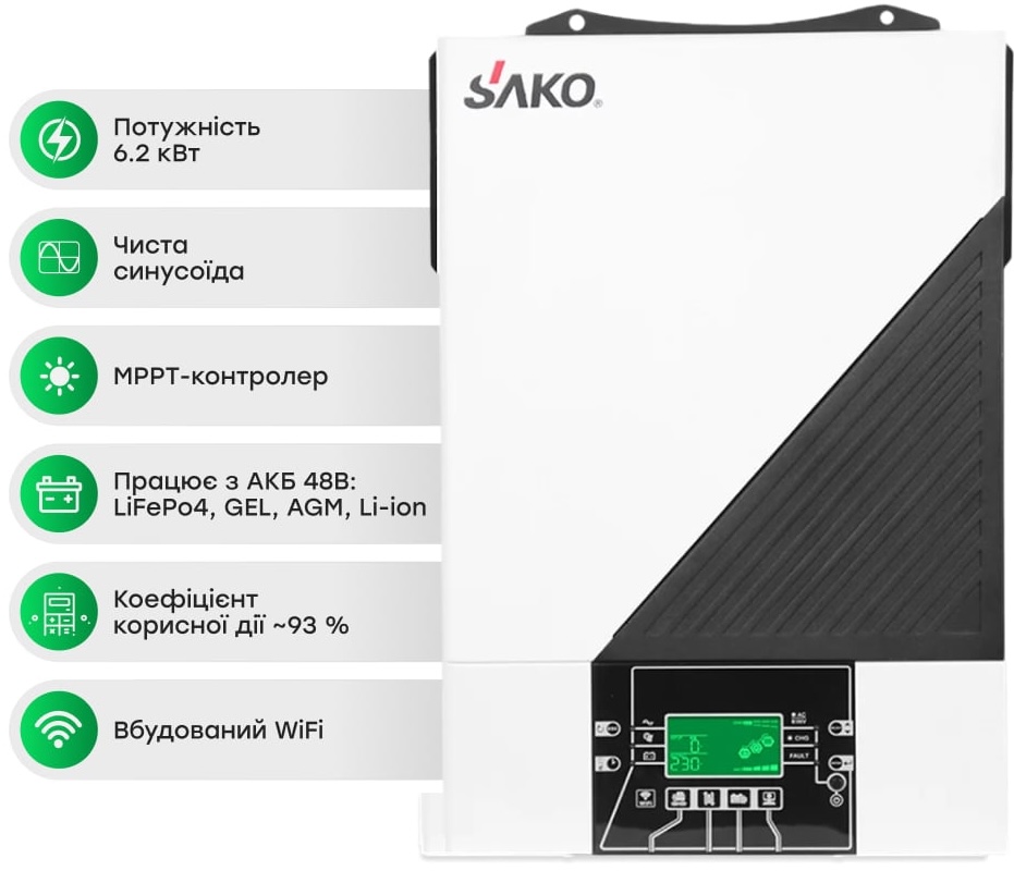 Гібридний інвертор Sako Sunon IV 6.2KW/48V +120A MPPT White огляд - фото 11
