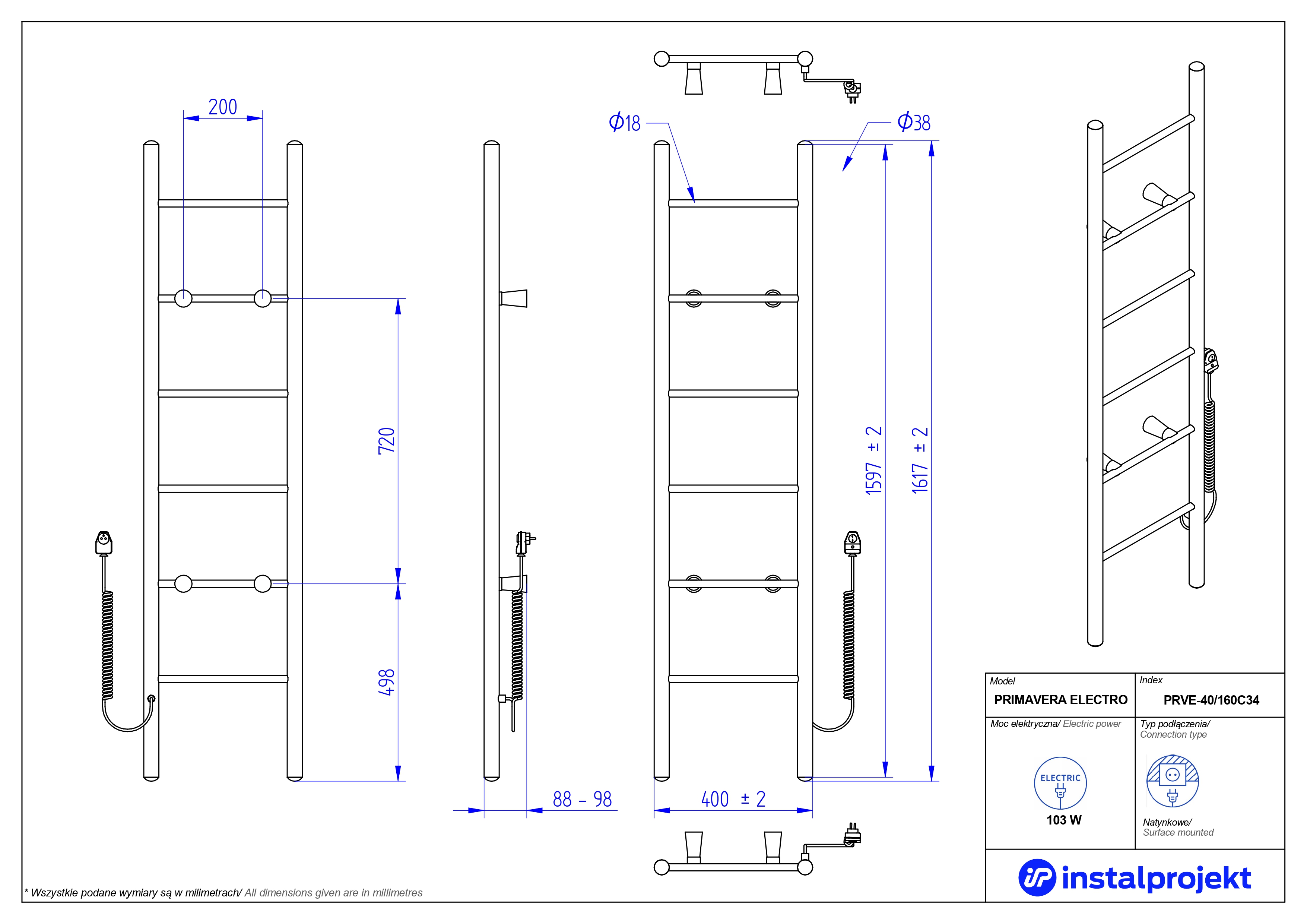 Instal Projekt Primavera PRVE-40/160C34 400x1597 мм White Габаритные размеры