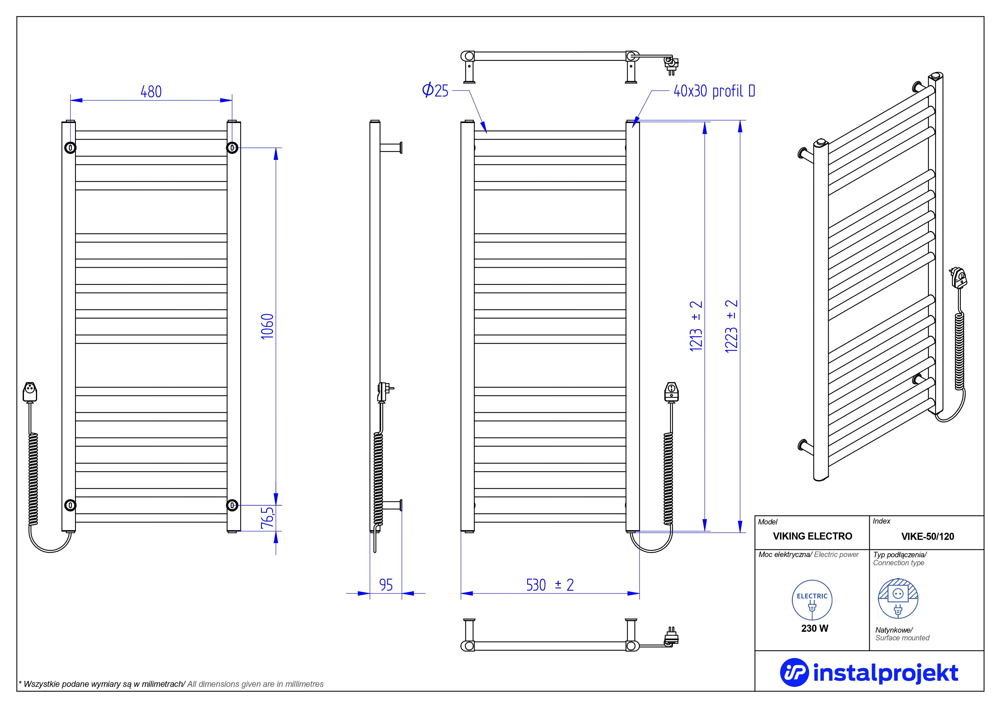 Instal Projekt Viking VIKE-50/120C01 530x1223 мм Chrome Габаритні розміри