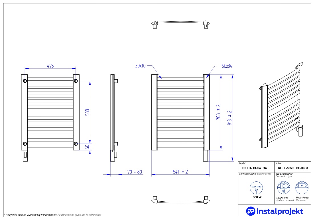 Instal Projekt Retto Ret-50/70C35 + Hots03C1 540x708 мм White Габаритные размеры