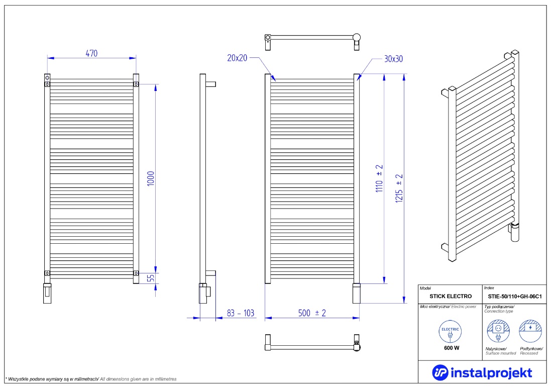 Instal Projekt Stick Sti-50/110C35 + Hots06C1 500x1110 мм White Габаритные размеры