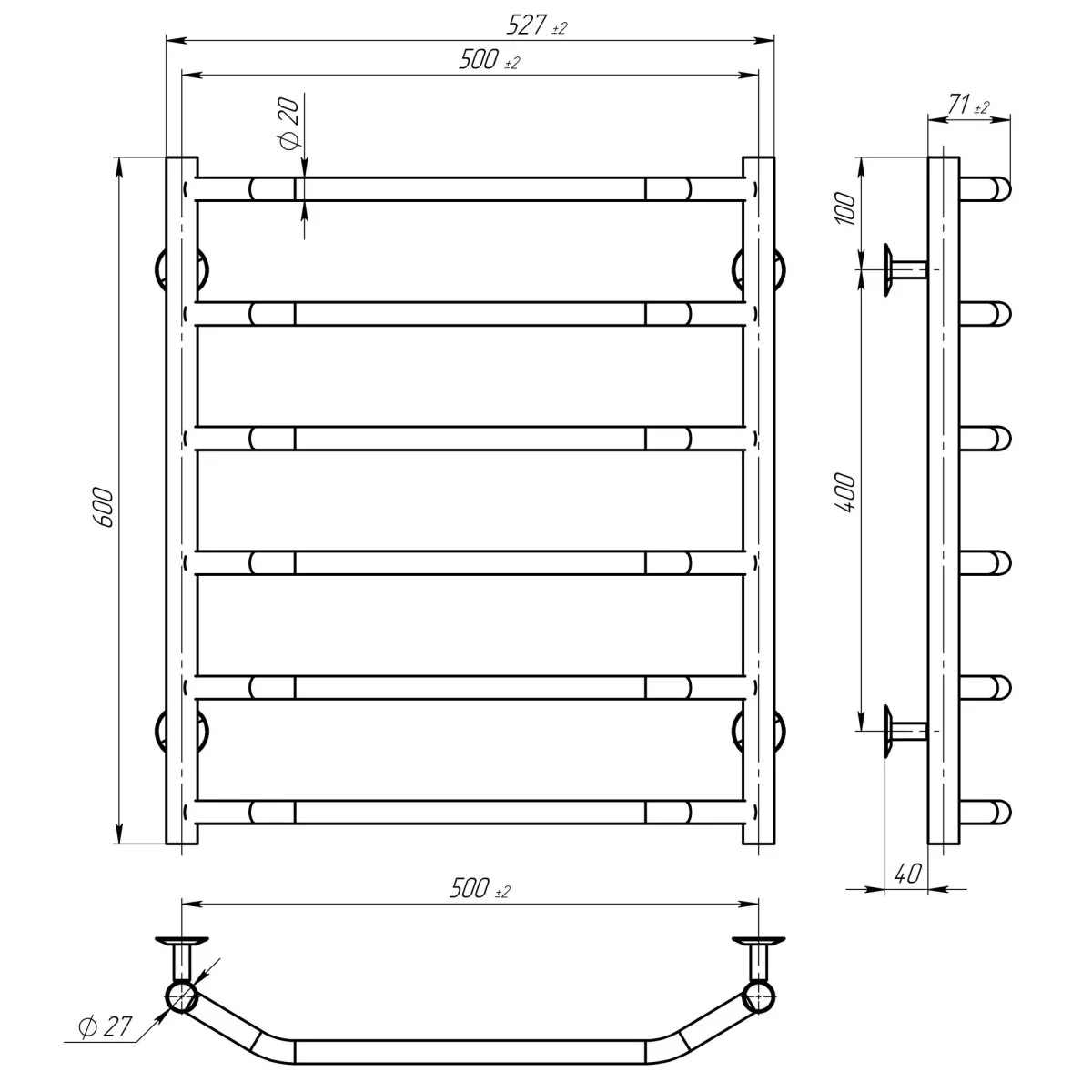 Deffi Трапеция П6 500х600 Черный, EF16, Правое подключение (D.TR.60.50.6.E.B.R.5) Габаритные размеры