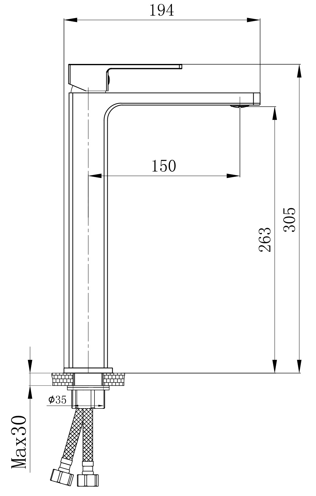 Q-Tap Gemini високий QTGEM269GMB45680 Gunmetal Black PVD Габаритні розміри