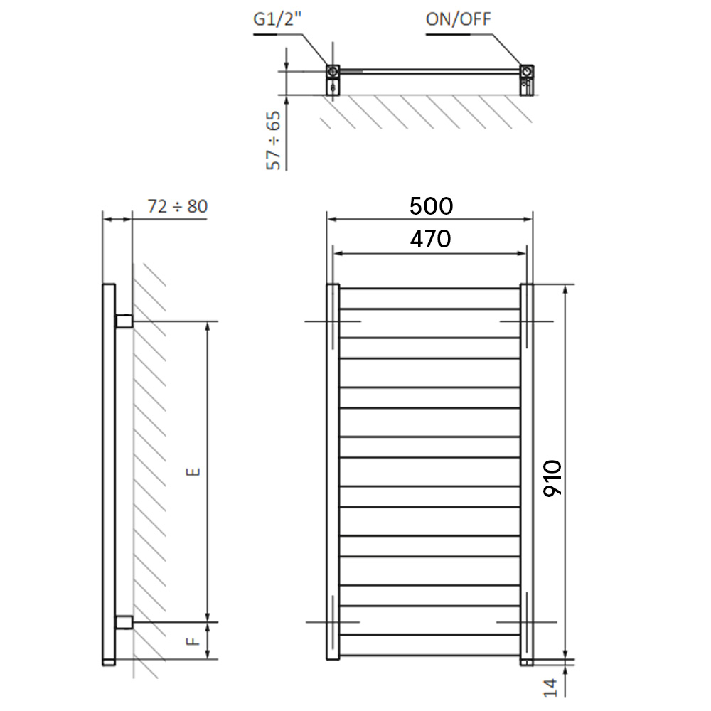 Terma Vivo One 910x500 (WWVON091050K916E8P) Габаритные размеры