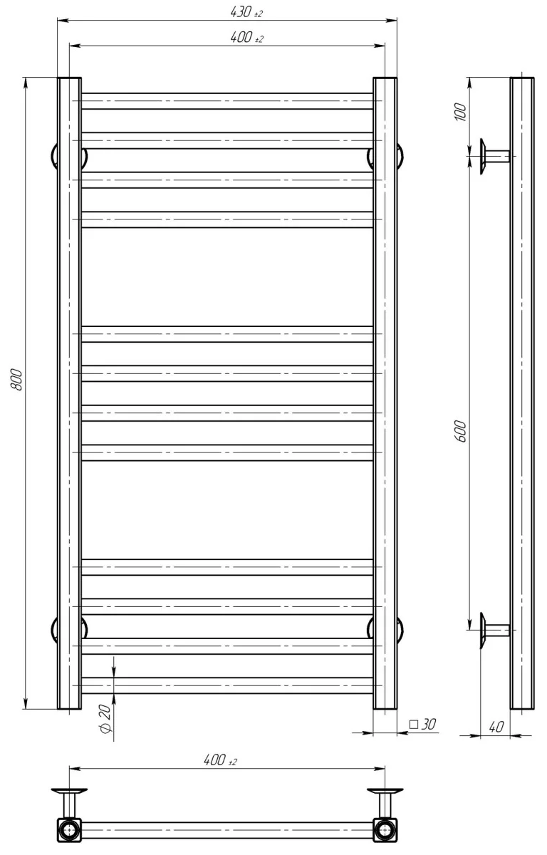 Deffi Lima П12 400*800 Хром, Нижнє підключення (A.LI.80.40.12.C.A) Габаритні розміри