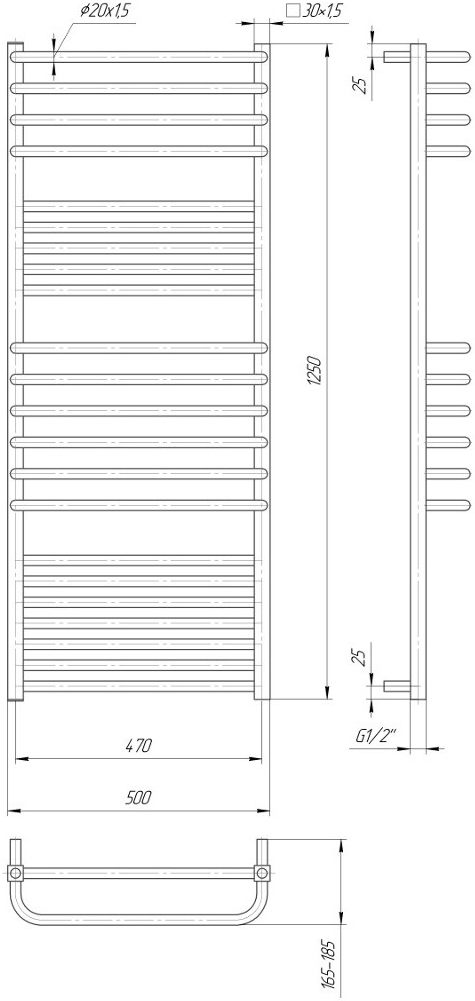 Mario Гера-Люкс 1250х500/470 черный мат Габаритные размеры