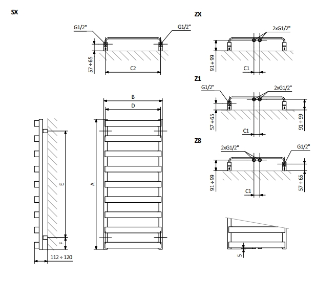 Terma WIX 850x500 (WLWXT085050K9M5E8MOAMX2) Габаритные размеры