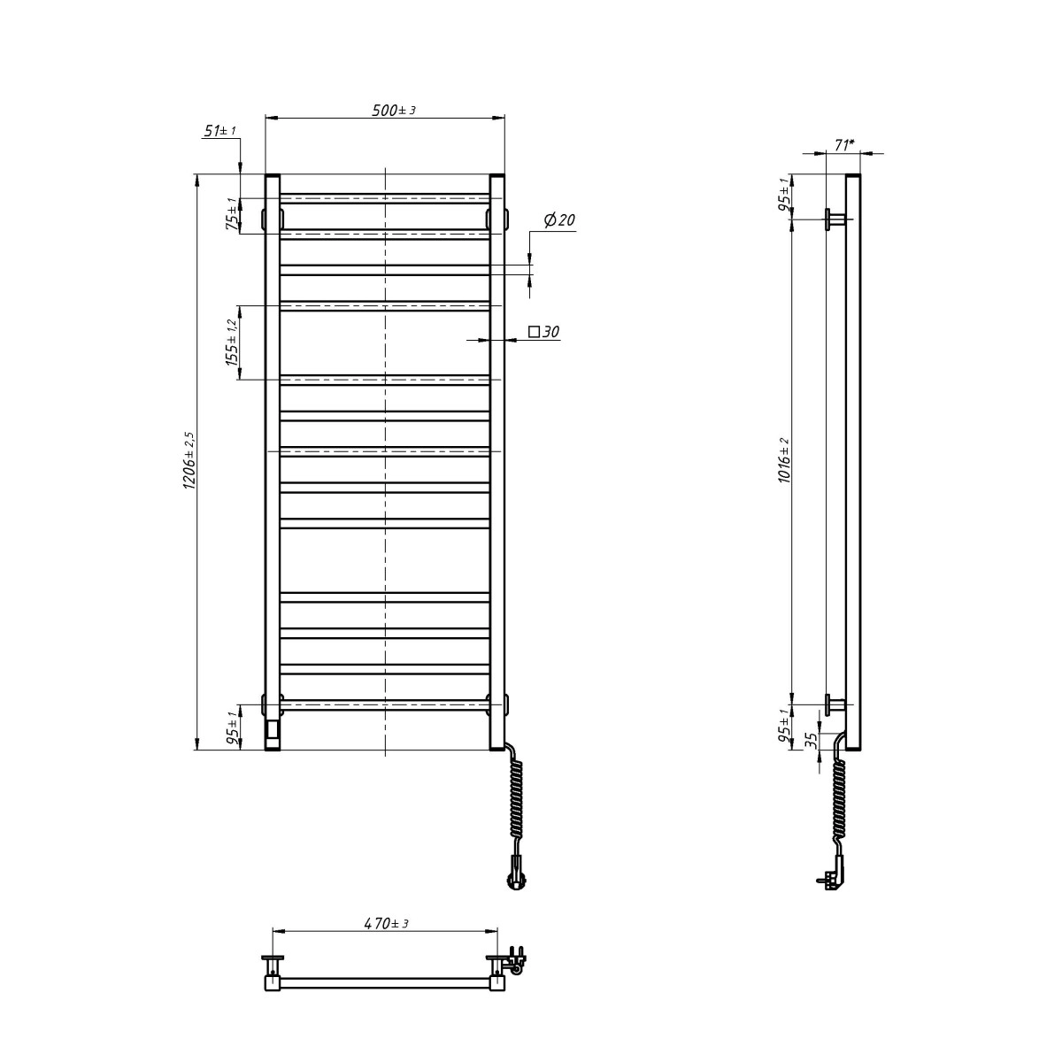 Navin Классик Квадро 500х1200 Sensor с Wi-Fi (12-216055-5012) Габаритные размеры