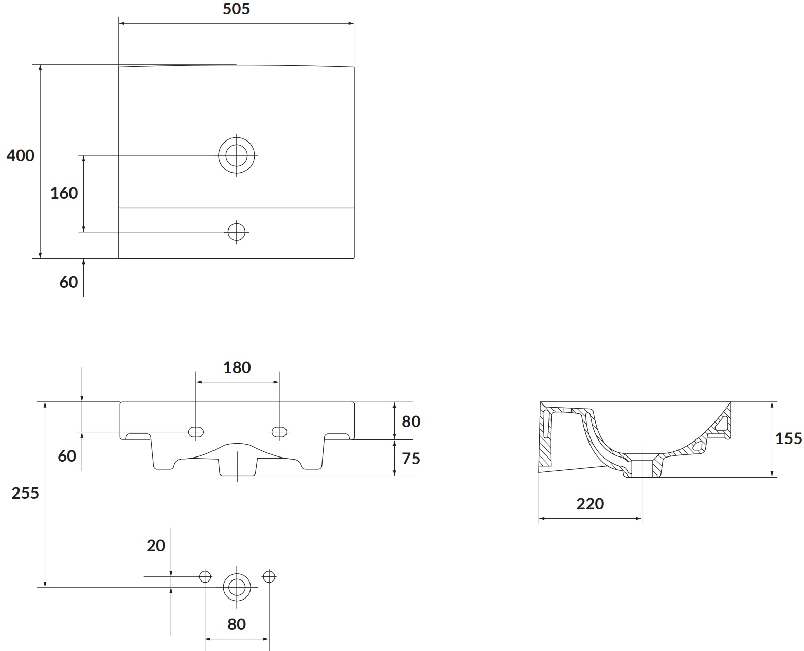 Cersanit Larga 50 Euro White (K120-008/CCWF1008481904) Габаритные размеры