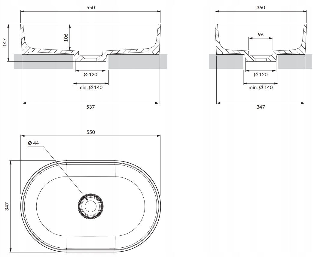Omnires Ovo 55x36 white (OVOUNBP) Габаритные размеры