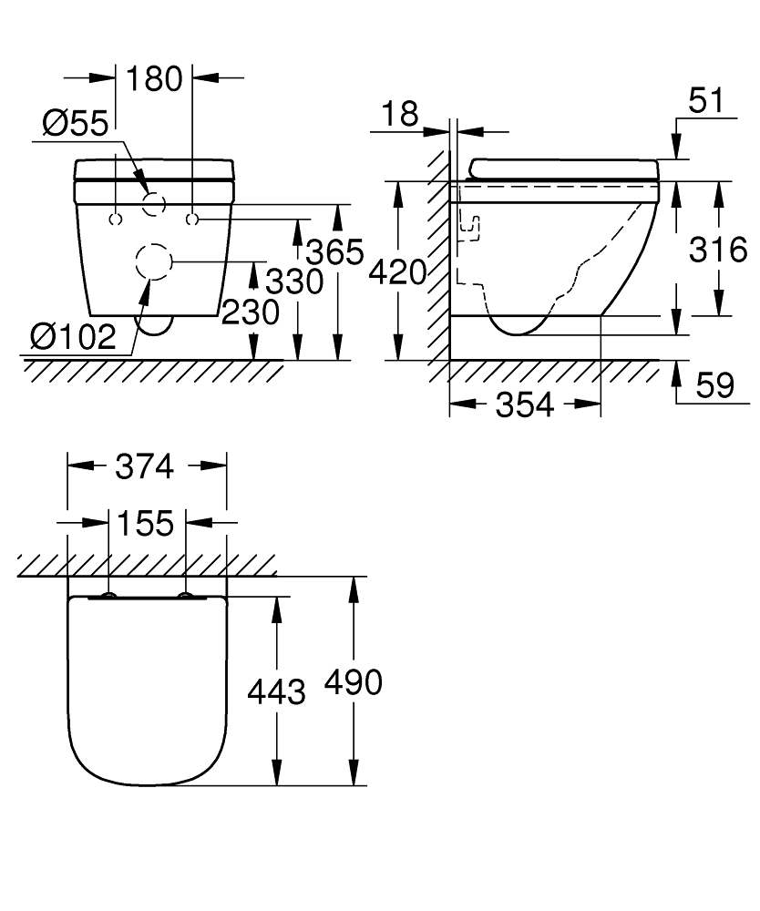 Grohe Euro Ceramic 39693000 Габаритные размеры