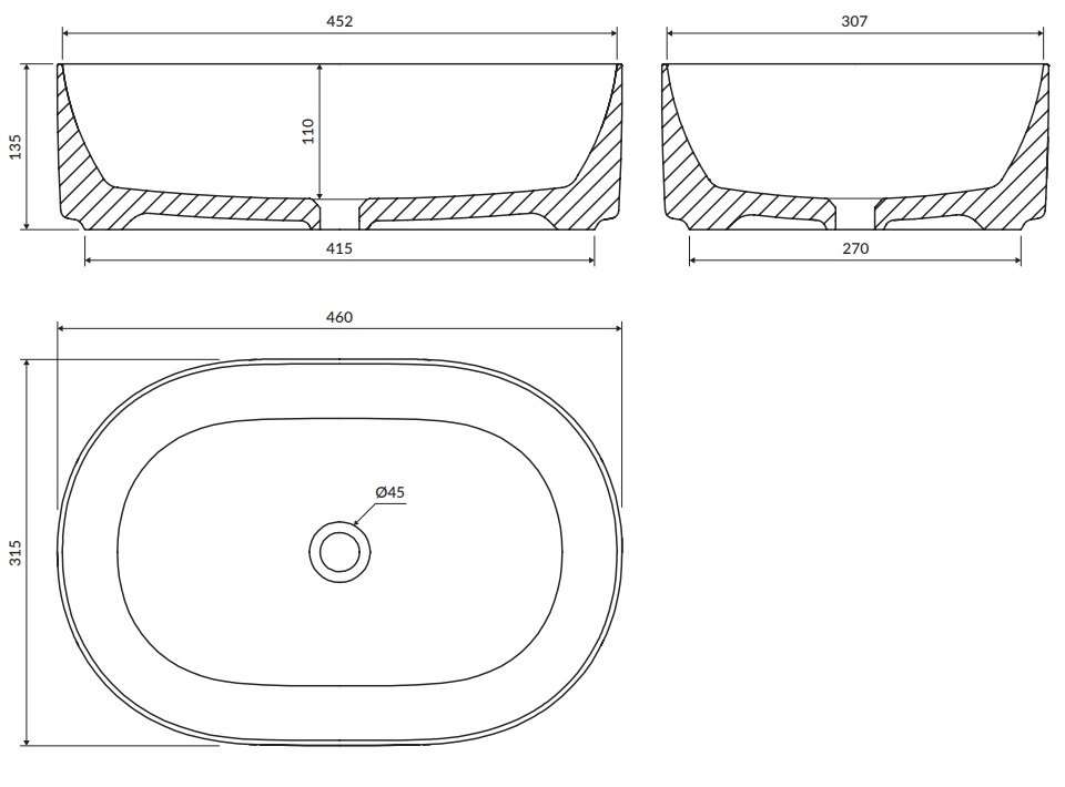Omnires Mesa 46x31,5 white (MESA460BP) Габаритные размеры
