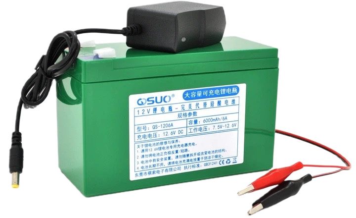 Акумулятор QiSuo 12V 6A Li-ion 18650 + зарядний пристрій 12.6V 1A + крокодили (QS-1206ACH)