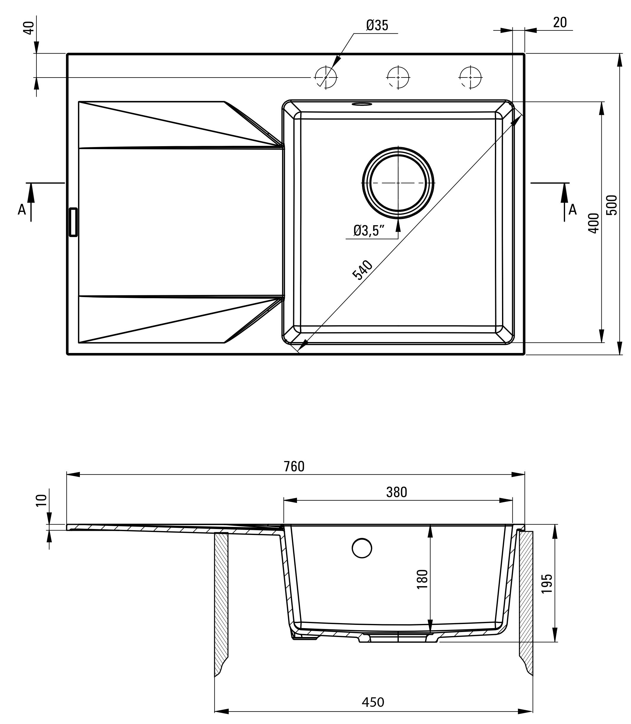Deante Evora 760x500x195мм графіт (ZQJ_211L) Габаритні розміри