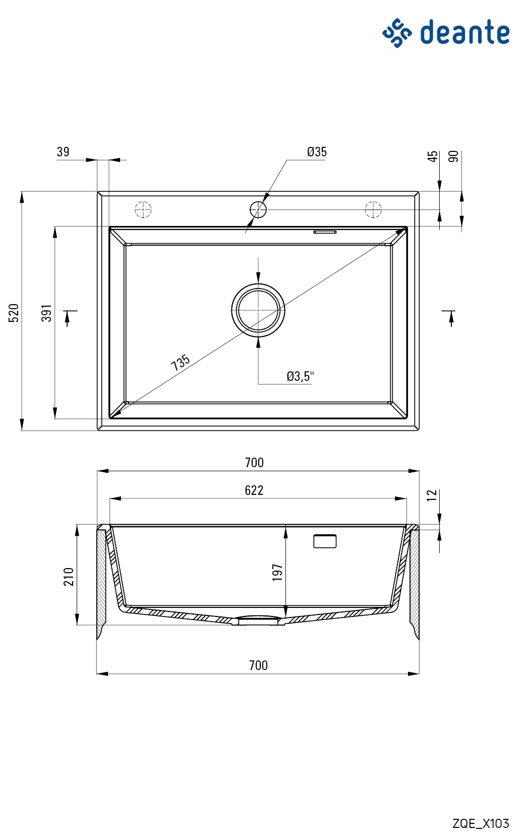 Deante Eridan 700x520x210мм (ZQE_G103) Габаритные размеры