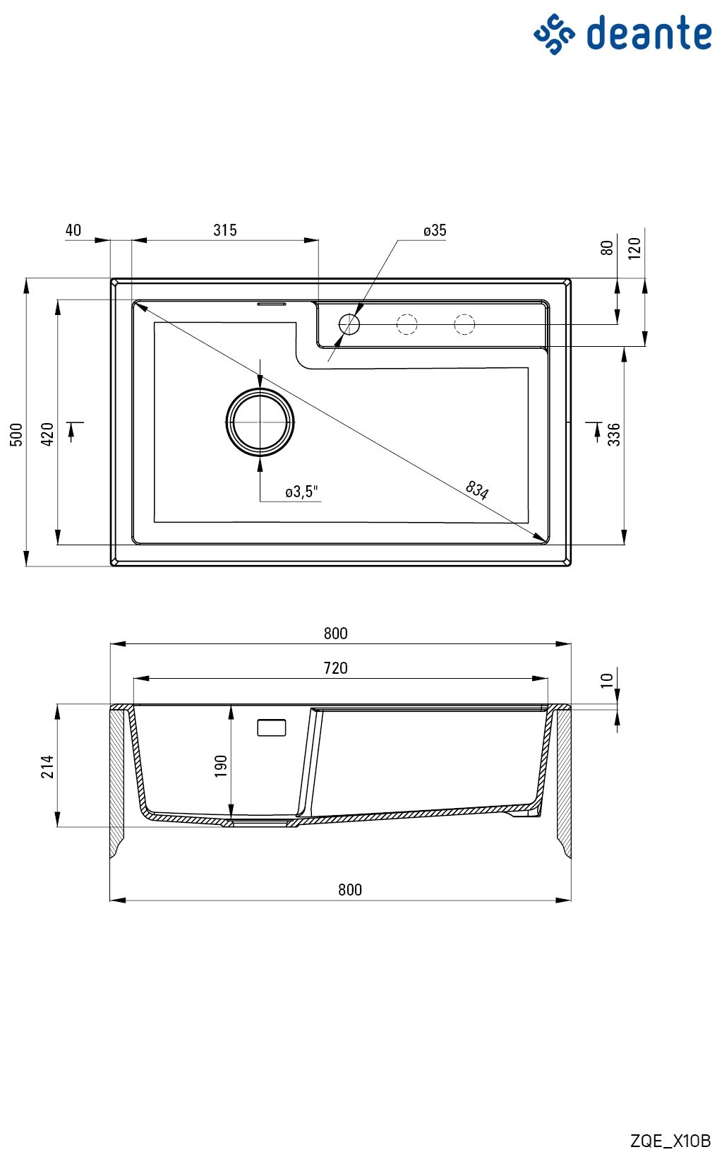Deante Eridan 800x500x214мм чорна (ZQE_N10B) Габаритні розміри