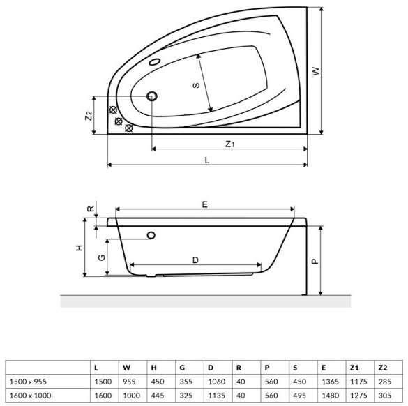 Radaway Rineia 160x100 (WA1-31-160x100LS) Габаритні розміри