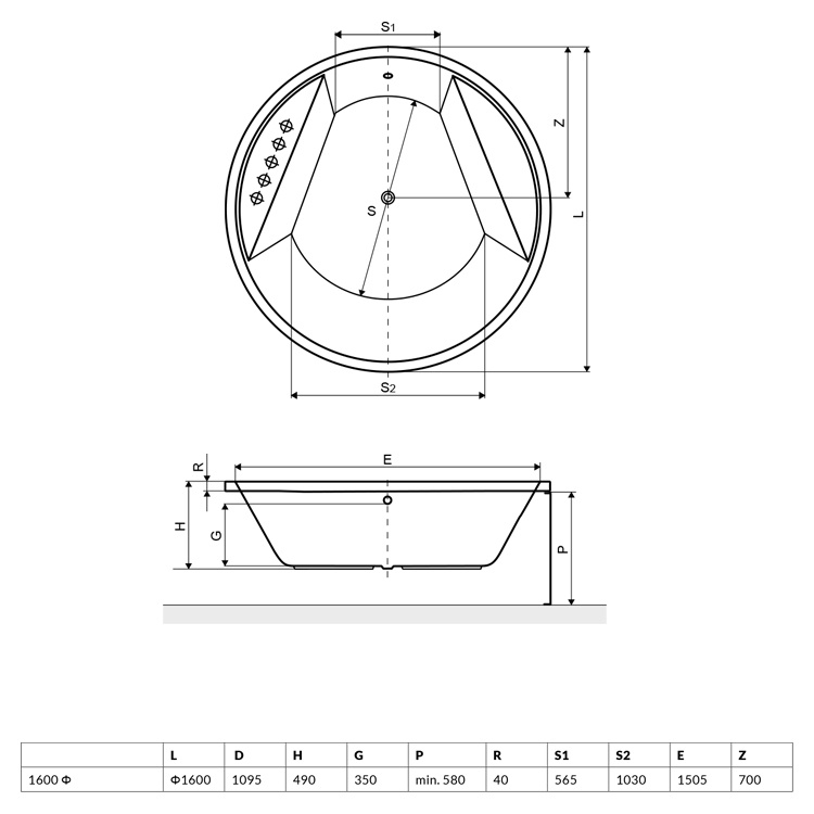 Radaway Meteora 160x160 (WA1-39-160US) Габаритні розміри