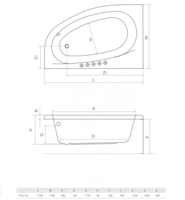 Radaway Naxia 170x110 левая (WA1-33-170x110LS) Габаритные размеры