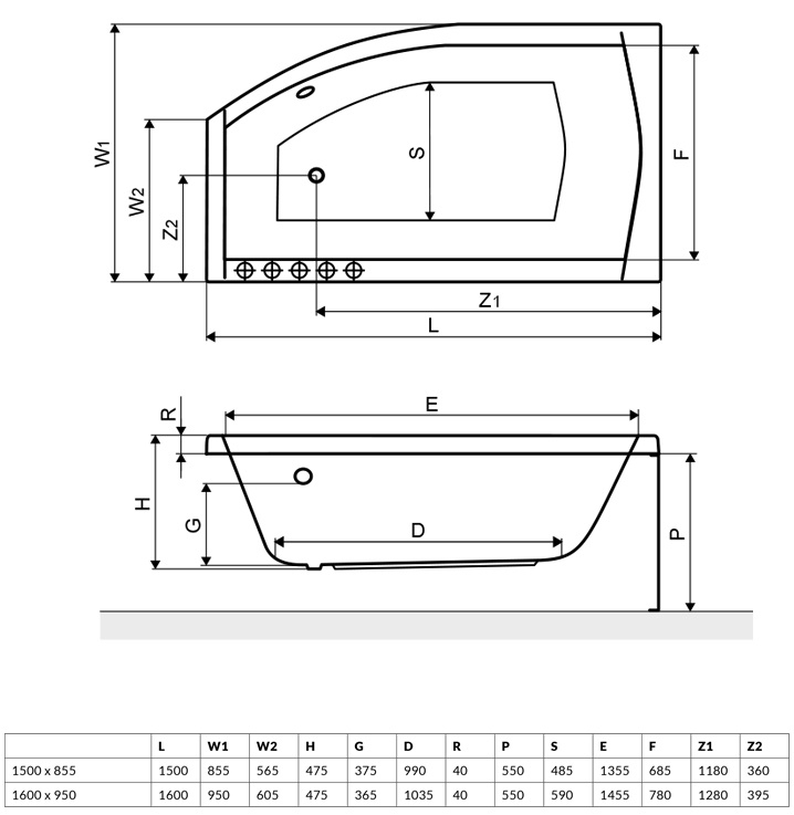 Radaway Sitera 160x95 (WA1-32-160x095PS) Габаритные размеры