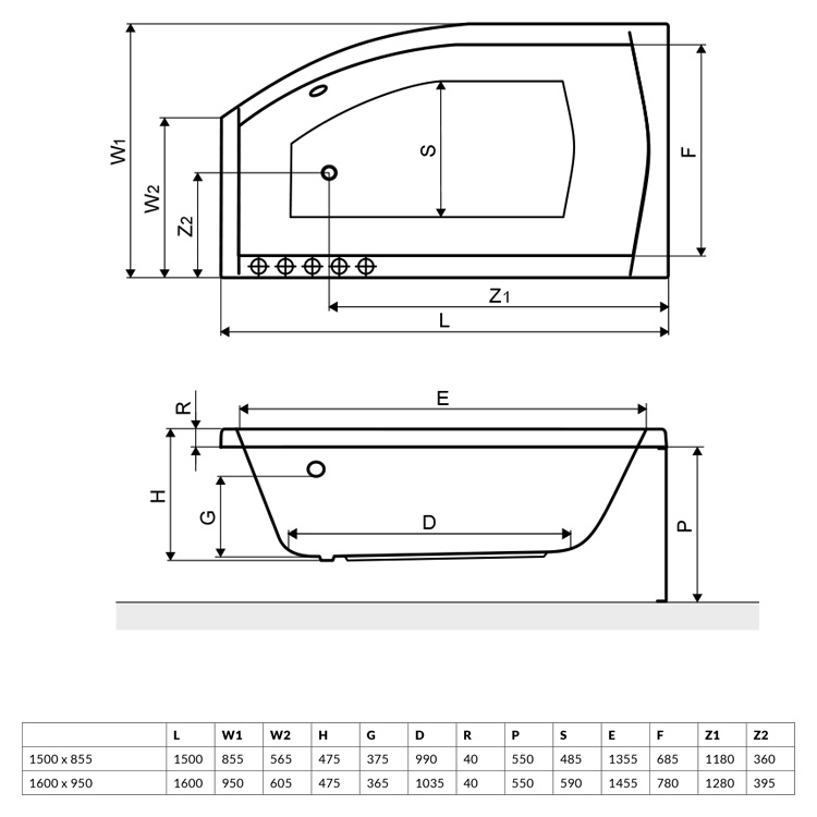 Radaway Sitera 160x95 левая (WA1-32-160x095LS) Габаритные размеры