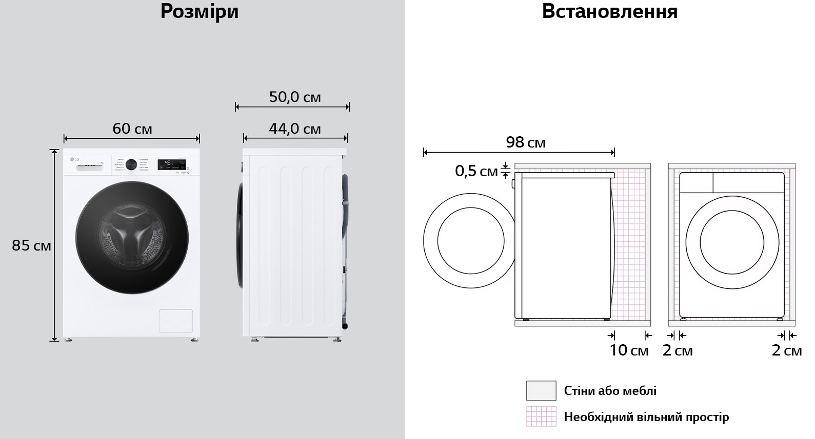 LG F2Y2HS5WE Габаритные размеры