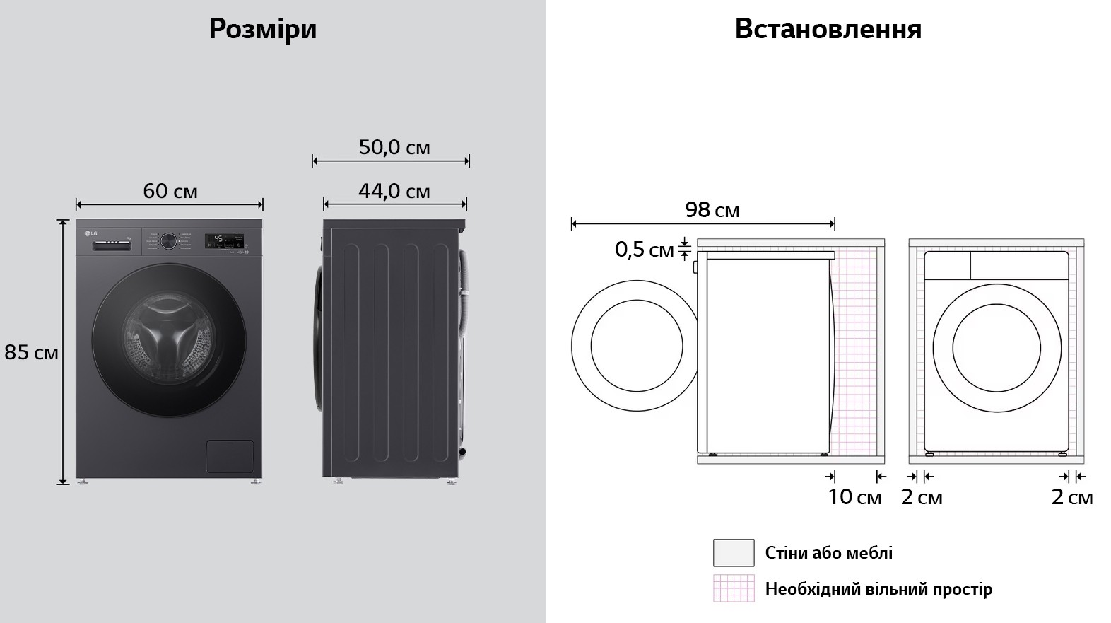 LG F2Y2HS5JE Габаритные размеры