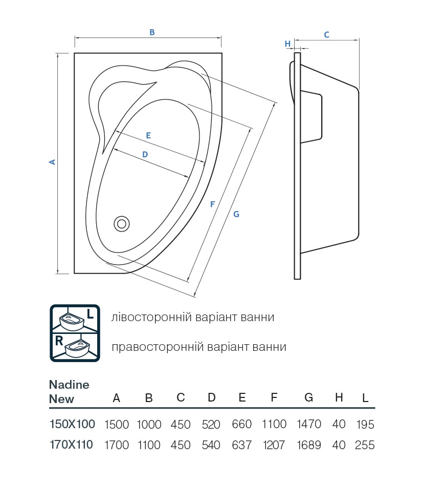 Koller Pool Nadine new 150x100 L (NADINENEW150X100L) Габаритні розміри